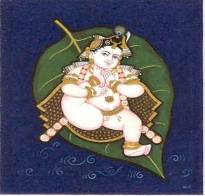 krishna-on-leaf karaaravinde padaaravindam, mukhaaravinde vinivisheyantam, vatasya patrasaya pute shayanam, baala mukunda manasaa smaraami.
