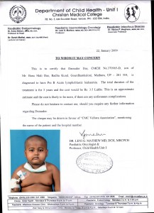 Doctor's certificate from the cancer Hospital